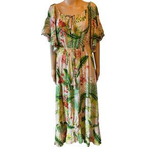 Anthropologie Green and Orange Flutter Sleeve Sundress